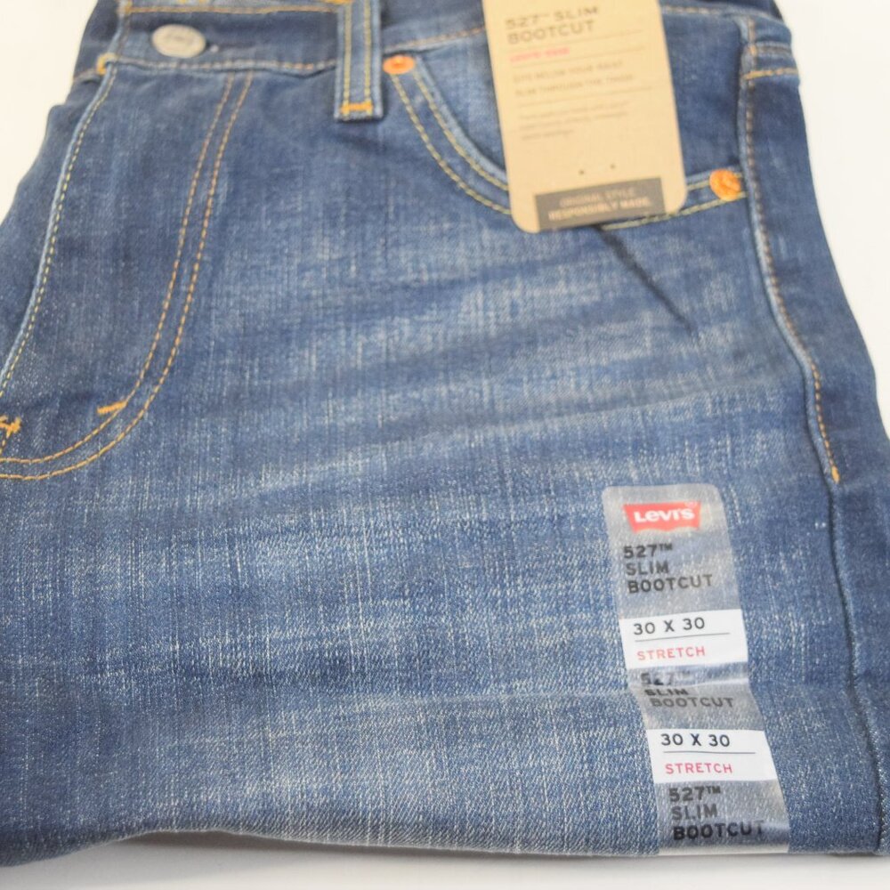 NEW MENS LEVIS 527 SLIM BOOTCUT STRETCH BLUE JEANS #055270489 SIZE 32x30